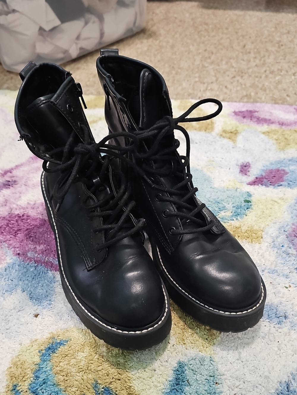 Steve Madden Black Lace-Up Platform Combat Boots Size 10